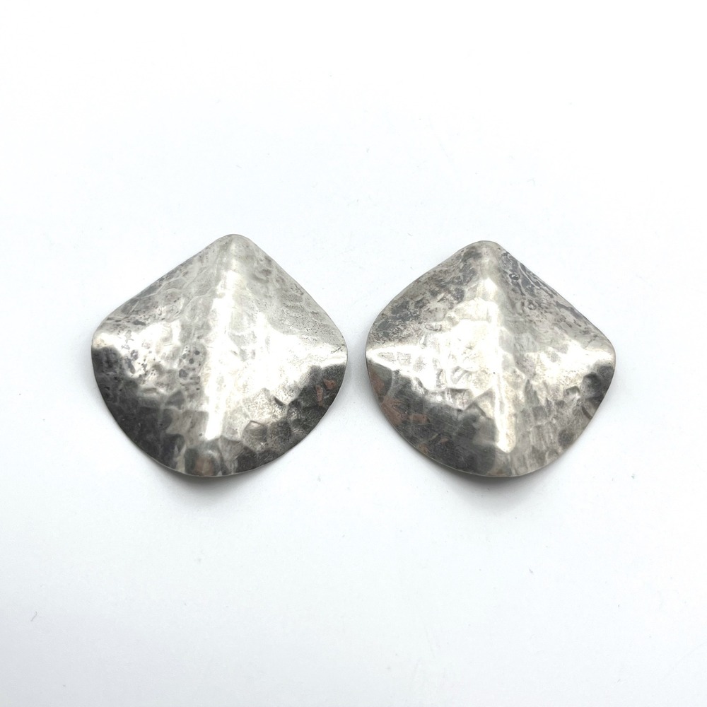 Vintage Sterling Silver Hammered Shield Clip On Earrings Modernist Statement